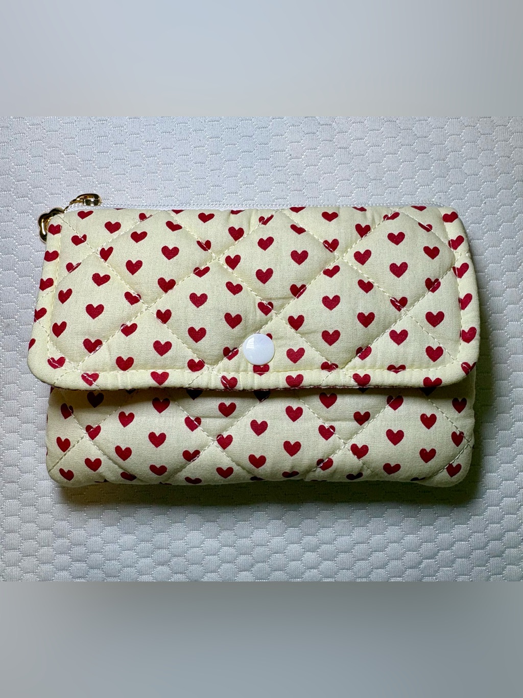 Quilted Heart Print Foldover Clutch - Cream With Red Hearts